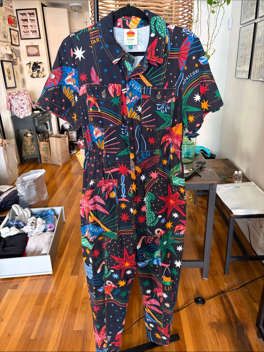 FARM Rio Black Multicolor Zodiac & Star Short-Sleeve Jumpsuit